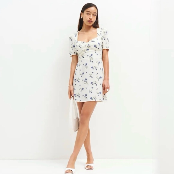 Reformation | White and Blue Floral Brittney Mini Dress in Nightingale ~ US 8 - Picture 4 of 12